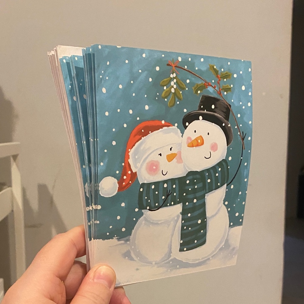 Holiday Snowman Greeting Cards - Blue Background with Red Santa Hat